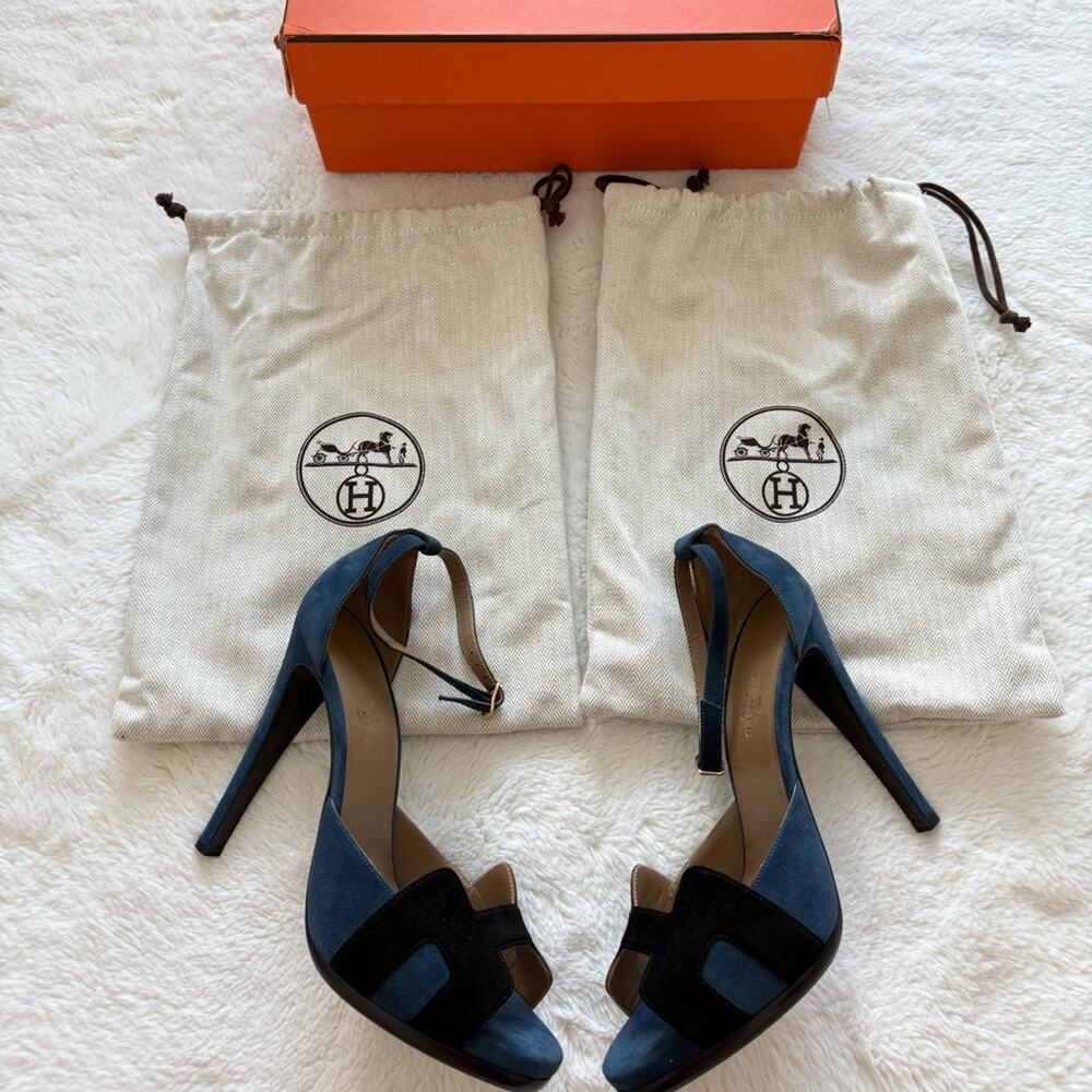 NWT!!! Hermes high heels sandals blue suede/black size 39 Authentic Retail 1600$